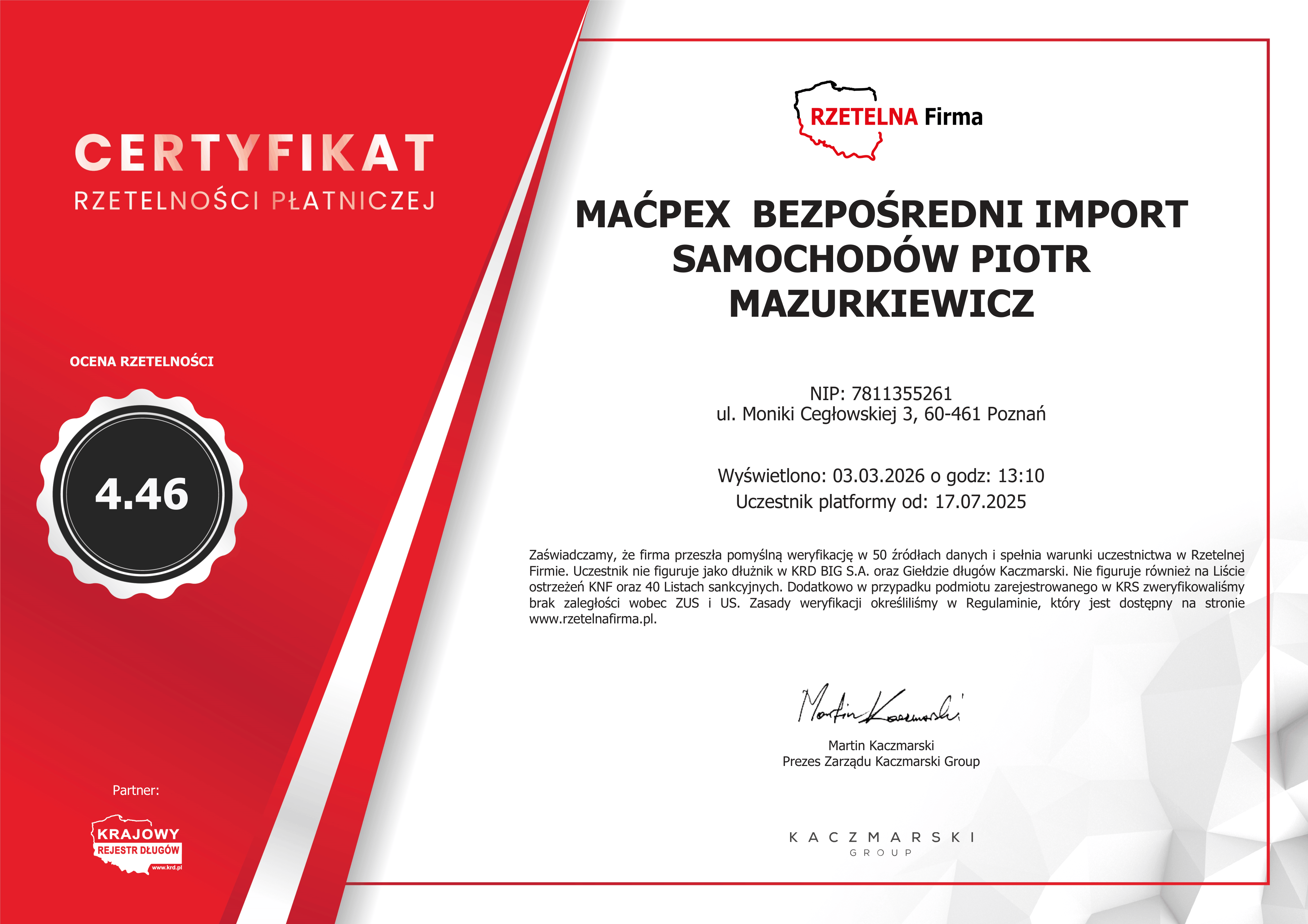 Certyfikat MAĆPEX